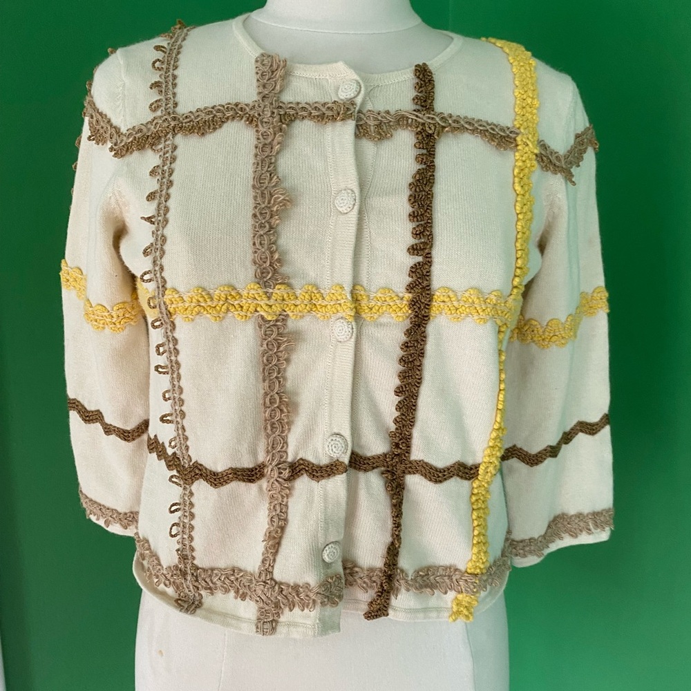 Vintage 90s Michael Simon Cream Knit Button-Front Jacket Yellow & Brown Trim